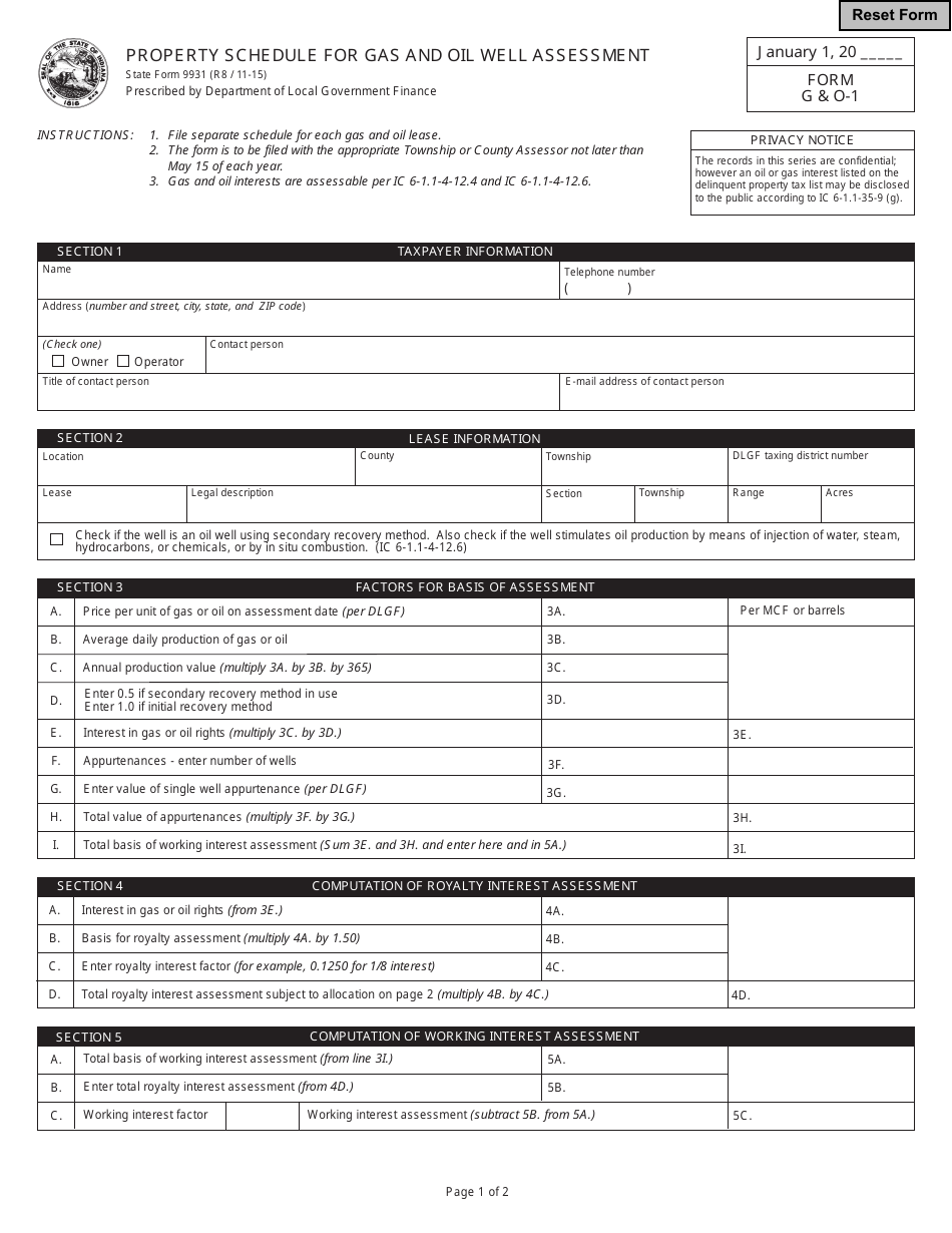 State Form 9931 (G  O-1) Property Schedule for Gas and Oil Well Assessment - Indiana, Page 1