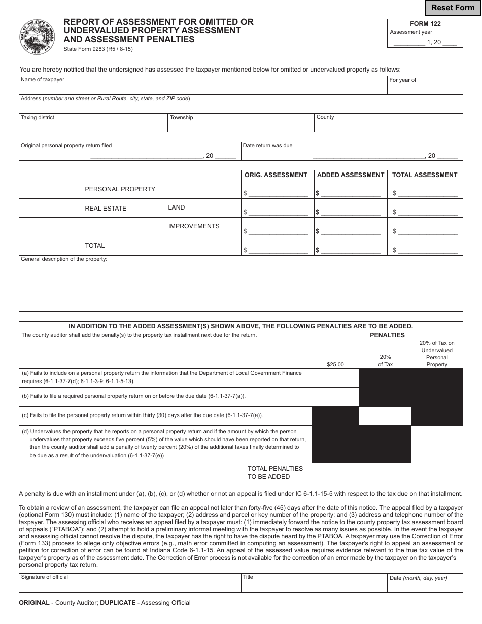State Form 9283 (122) Report of Assessment for Omitted or Undervalued Property Assessment and Assessment Penalty - Indiana, Page 1