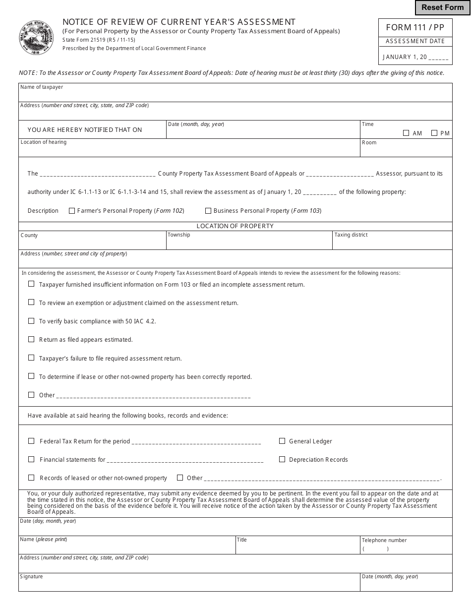 State Form 21519 (111 / PP) Notice of Review of Current Years Assessment - Indiana, Page 1