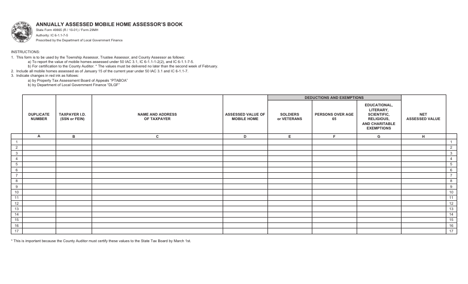 State Form 49865 (29MH) Annually Assessed Mobile Home Assessors Book - Indiana, Page 1