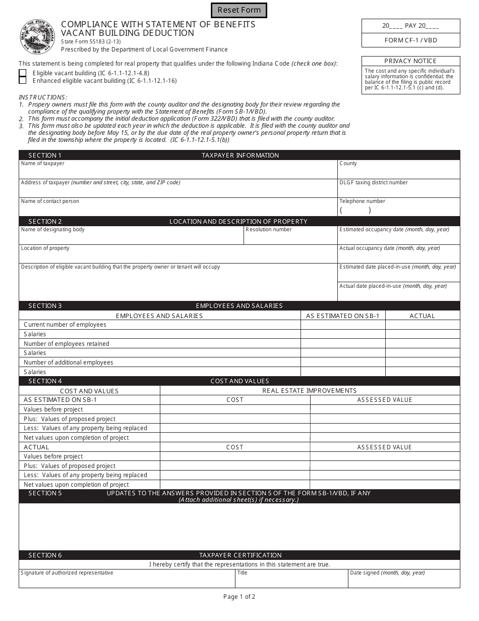State Form 55183 (CF-1 / VBD) Compliance With Statement of Benefits Vacant Building Deduction - Indiana, Page 1