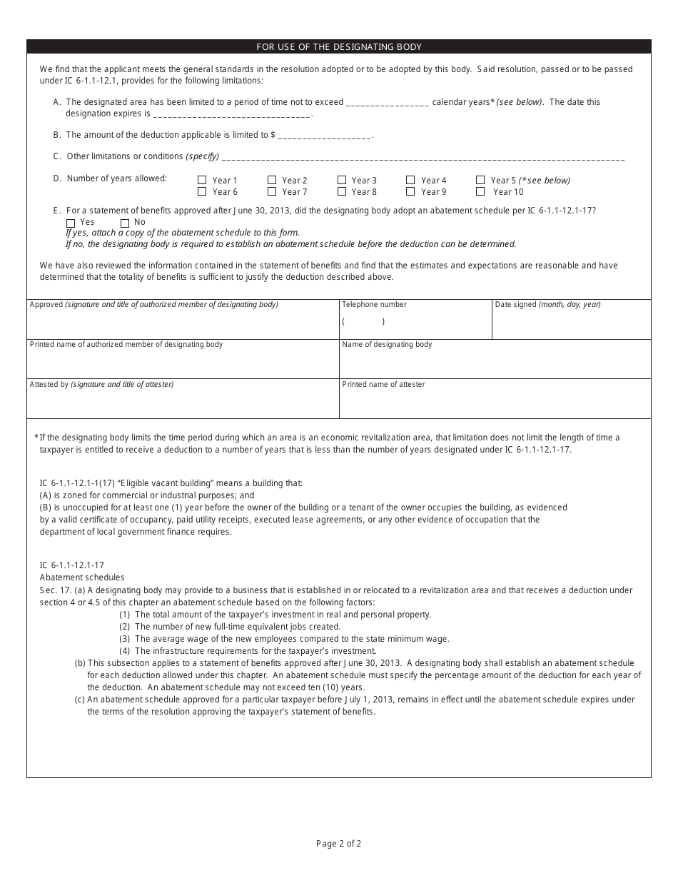 State Form 55182 (SB-1 / VBD) Statement of Benefits Vacant Building Deduction - Indiana, Page 2