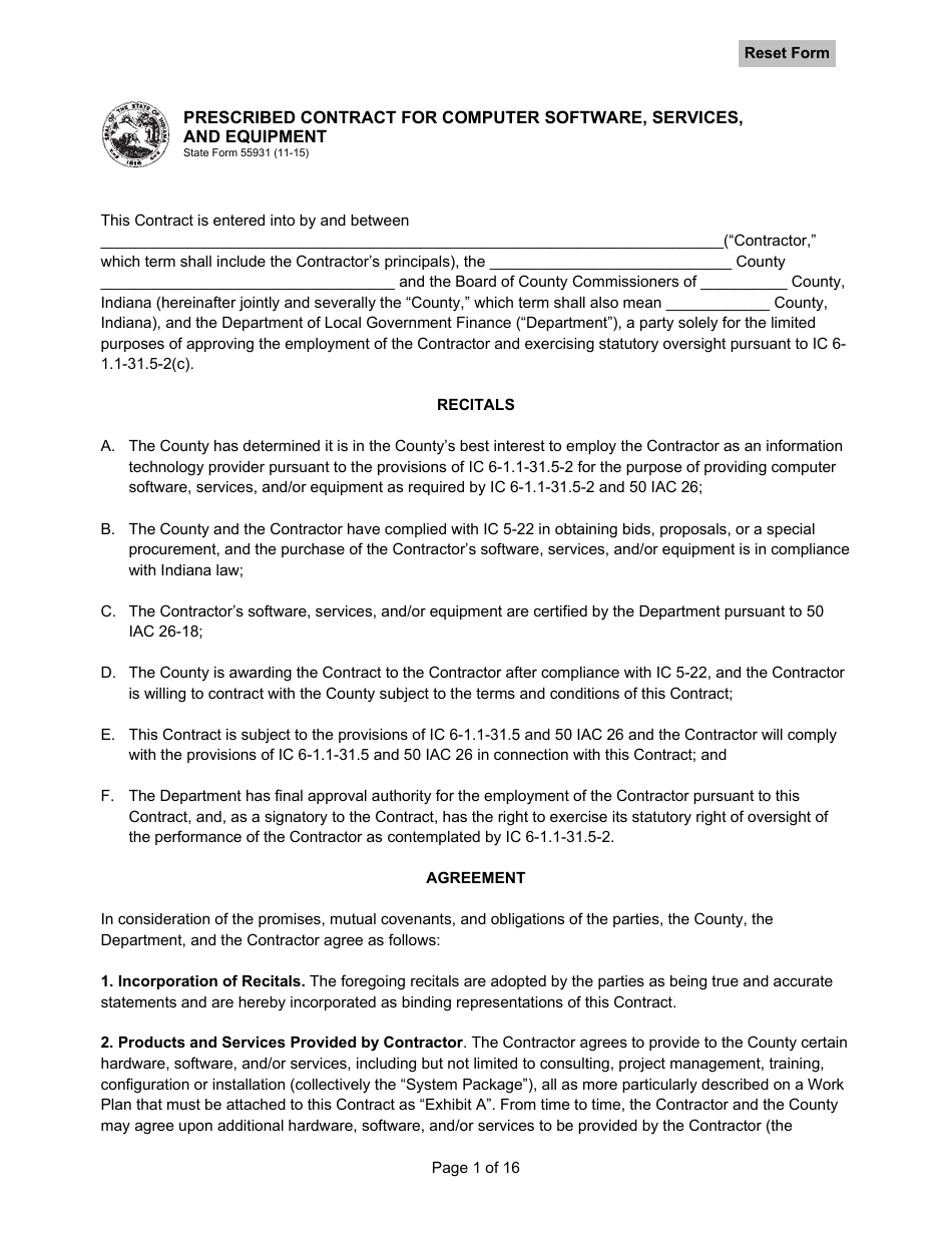 State Form 55931 Prescribed Contract for Computer Software, Services, and Equipment - Indiana, Page 1