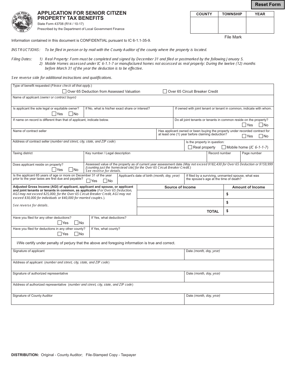 State Form 43708 Application for Senior Citizen Property Tax Benefits - Indiana, Page 1