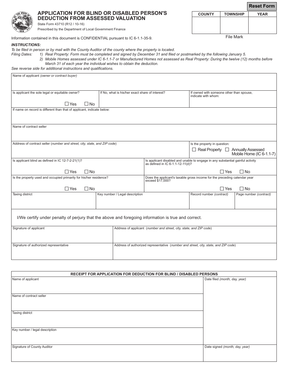 State Form 43710 Application for Blind or Disabled Persons Deduction From Assessed Valuation - Indiana, Page 1
