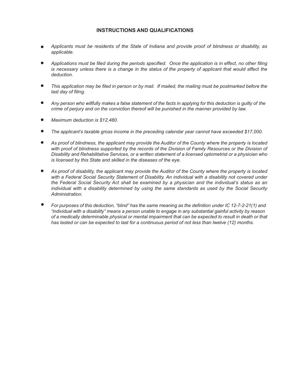 State Form 43710 Application for Blind or Disabled Persons Deduction From Assessed Valuation - Indiana, Page 2