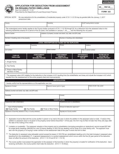 Form 322 (State Form 49568) Application for Deduction From Assessment on Rehabilitated Dwellings - Indiana