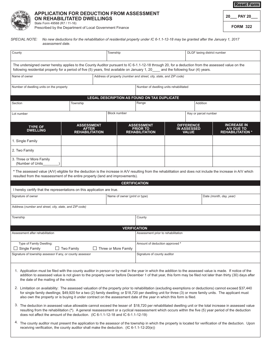Form 322 (State Form 49568) Application for Deduction From Assessment on Rehabilitated Dwellings - Indiana, Page 1