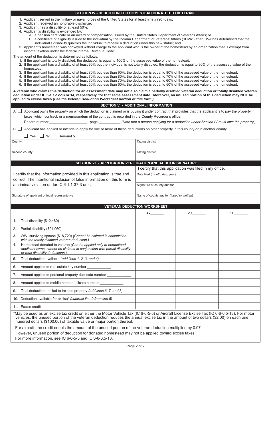 State Form 12662 Application for Tax Deduction for Disabled Veterans and Surviving Spouses of Certain Veterans - Indiana, Page 2