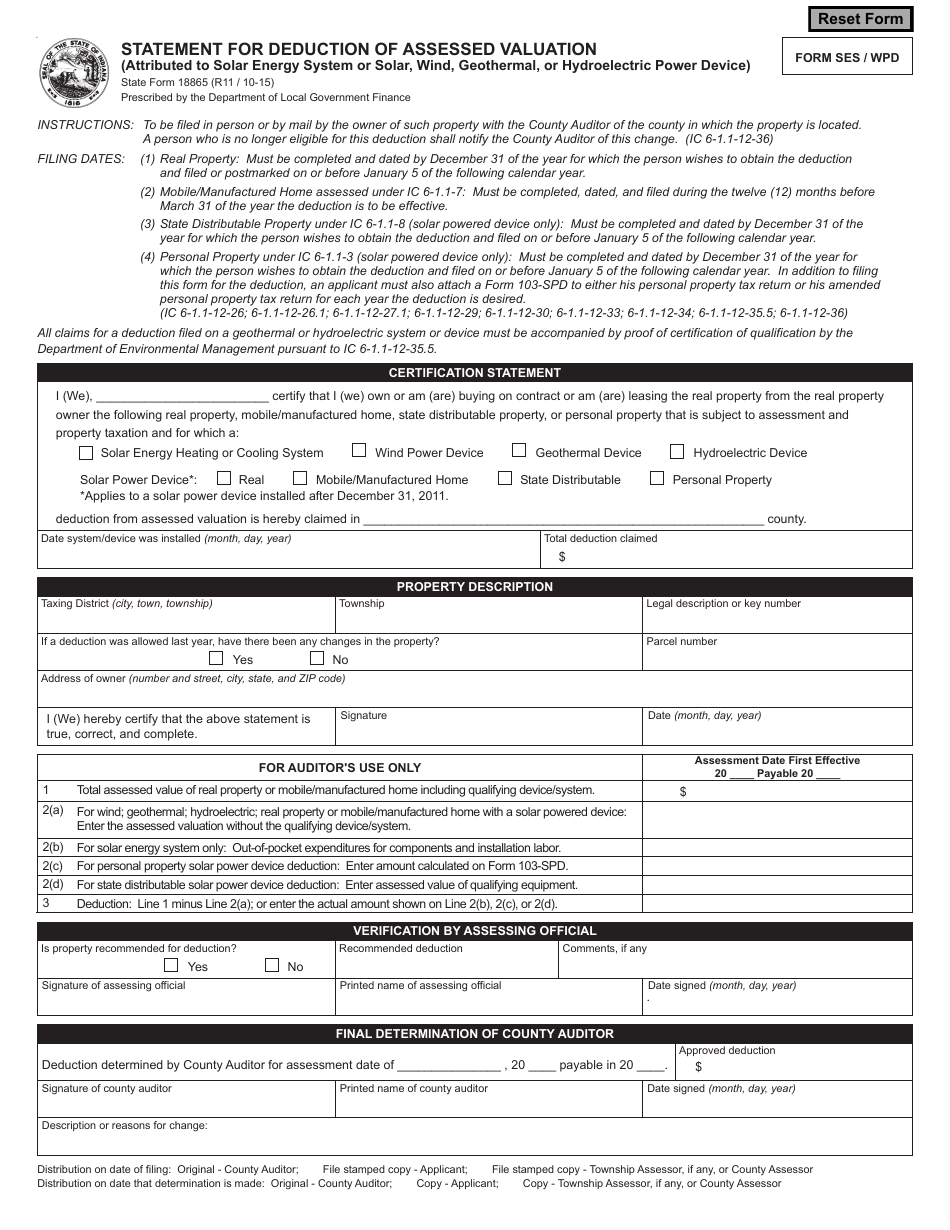 Form SES / WPD (State Form 18865) Statement for Deduction of Assessed Valuation (Attributed to Solar Energy System / Wind, Geothermal or Hydroelectric Power Device) - Indiana, Page 1