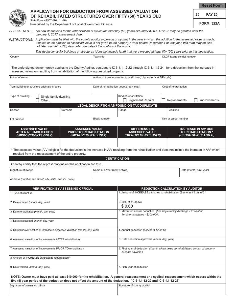 Form 322A (State Form 49567) Application for Deduction From Assessed Valuation of Rehabilitated Structures Over 50 Year Old - Indiana, Page 1