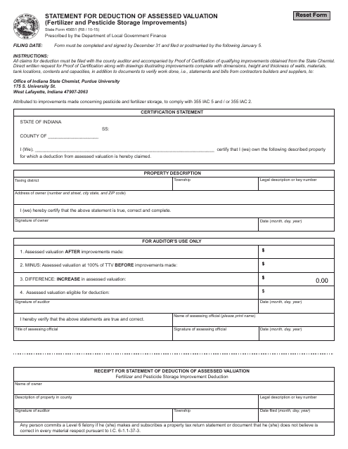 State Form 45651 Statement for Deduction of Assessed Valuation (Fertilizer and Pesticide Storage Improvements) - Indiana
