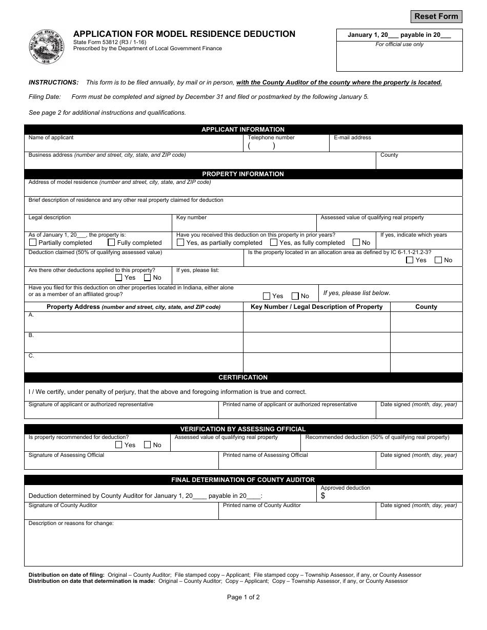 State Form 53812 Application for Model Residence Deduction - Indiana, Page 1