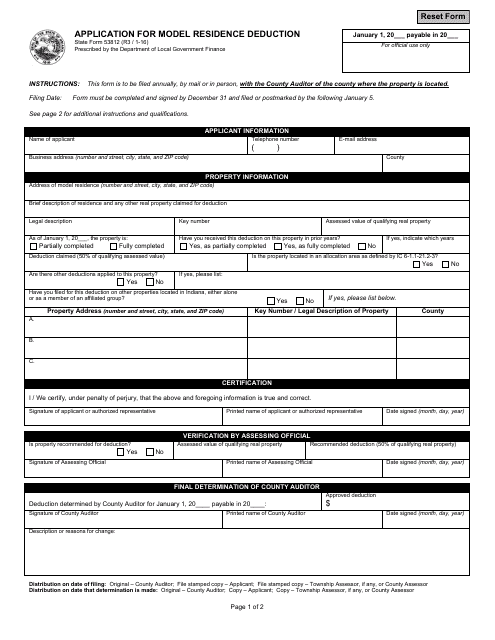 State Form 53812 Application for Model Residence Deduction - Indiana