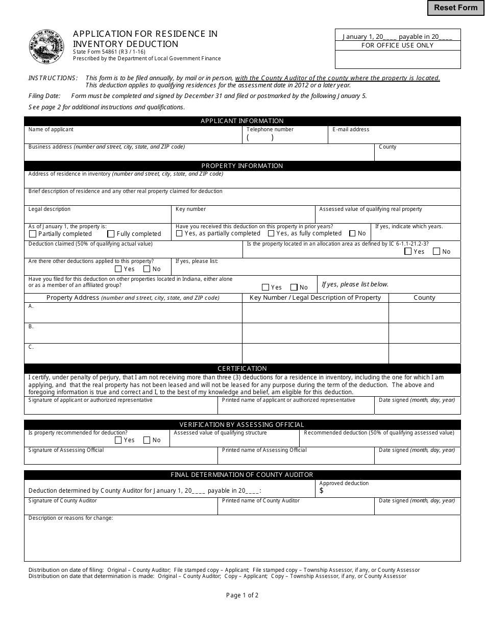 State Form 54861 Application for Residence in Inventory Deduction - Indiana, Page 1
