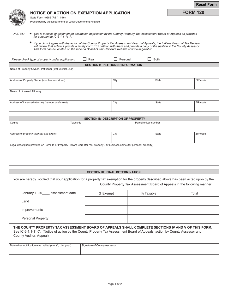 Form 120 (State Form 49585) Notice of Action on Exemption Application - Indiana, Page 1