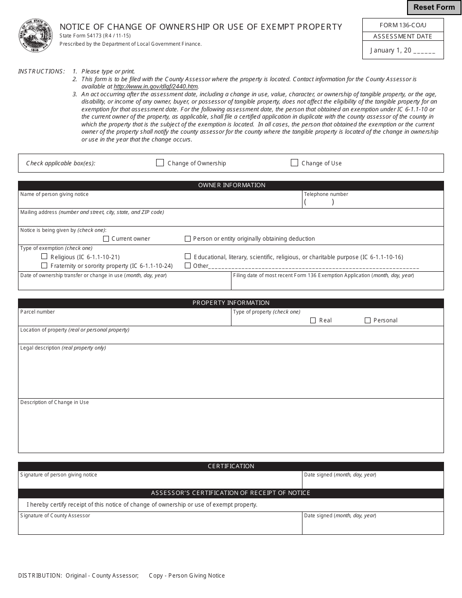 Form 136-CO / U (State Form 54173) Notice of Change of Ownership of Exempt Property - Indiana, Page 1