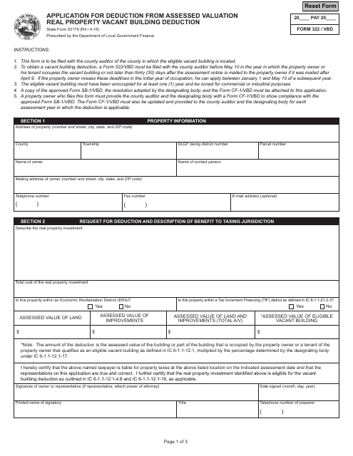 Form 322/VBD (State Form 53179) Application for Deduction From Assessed Valuation - Real Property Vacant Building Deduction - Indiana