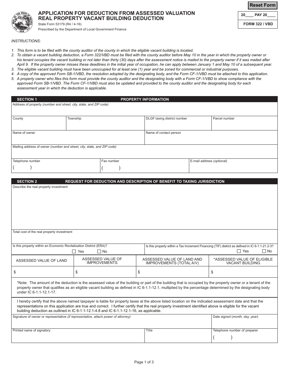 Form 322 / VBD (State Form 53179) Application for Deduction From Assessed Valuation - Real Property Vacant Building Deduction - Indiana, Page 1
