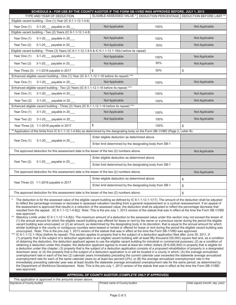 Form 322 / VBD (State Form 53179) Application for Deduction From Assessed Valuation - Real Property Vacant Building Deduction - Indiana, Page 2