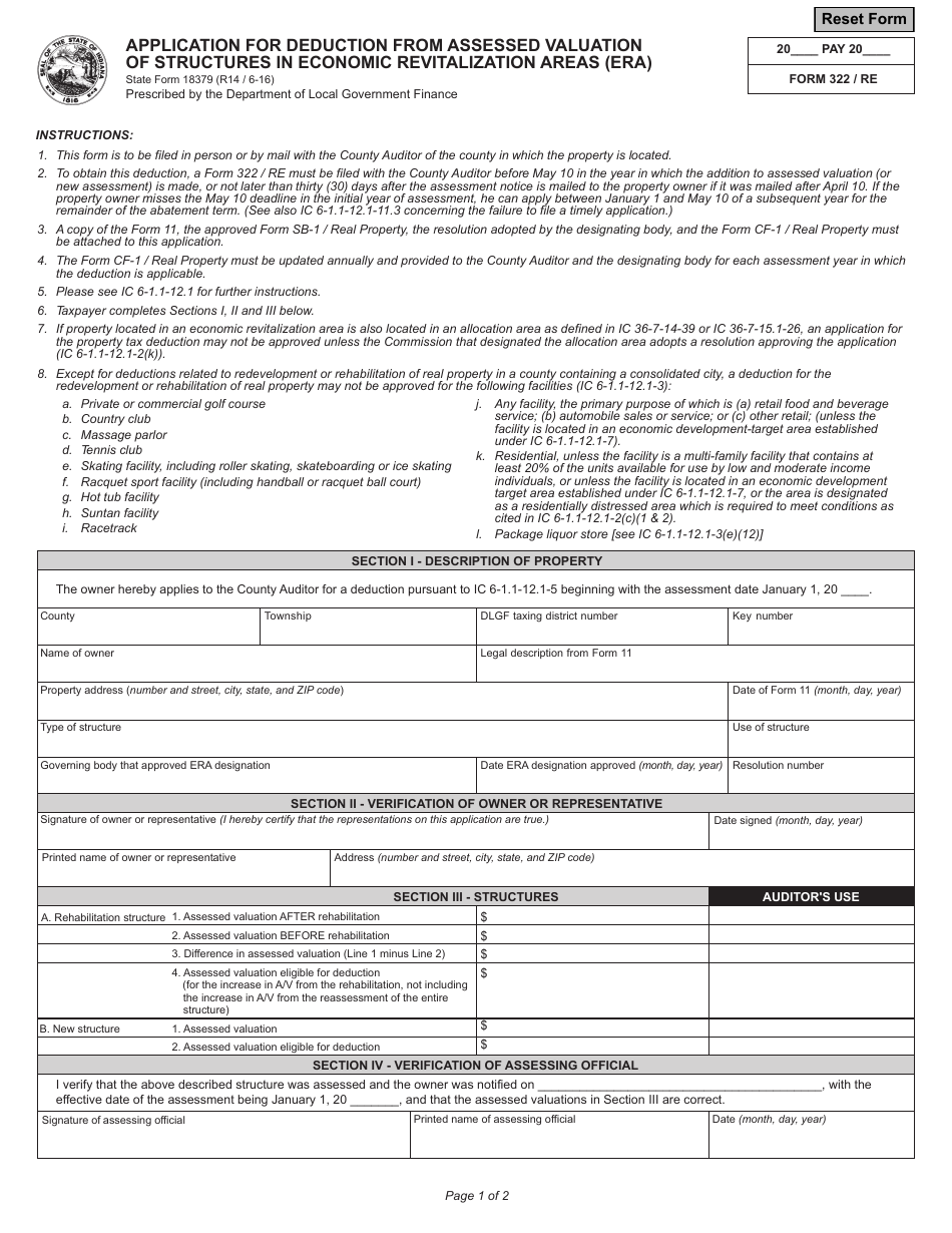 Form 322/RE (State Form 18379) Application for Deduction From Assessed Valuation of Structures in Economic Revitalization Areas (Era) - Indiana, Page 1