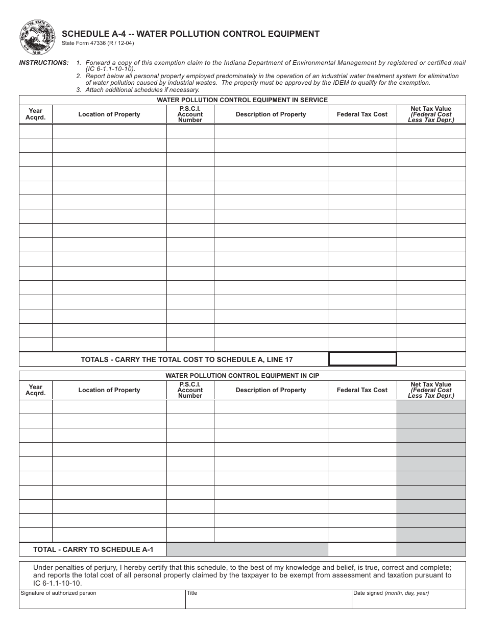 State Form 47336 Schedule A-4 Water Pollution Control Equipment - Indiana, Page 1