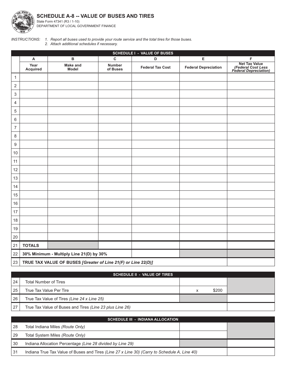 State Form 47341 Schedule A-8 Value of Buses and Tires - Indiana, Page 1