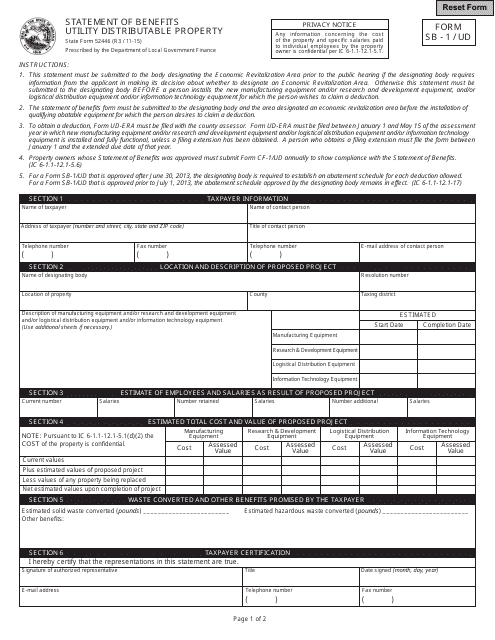 Form SB-1/UD (State Form 52446)  Printable Pdf