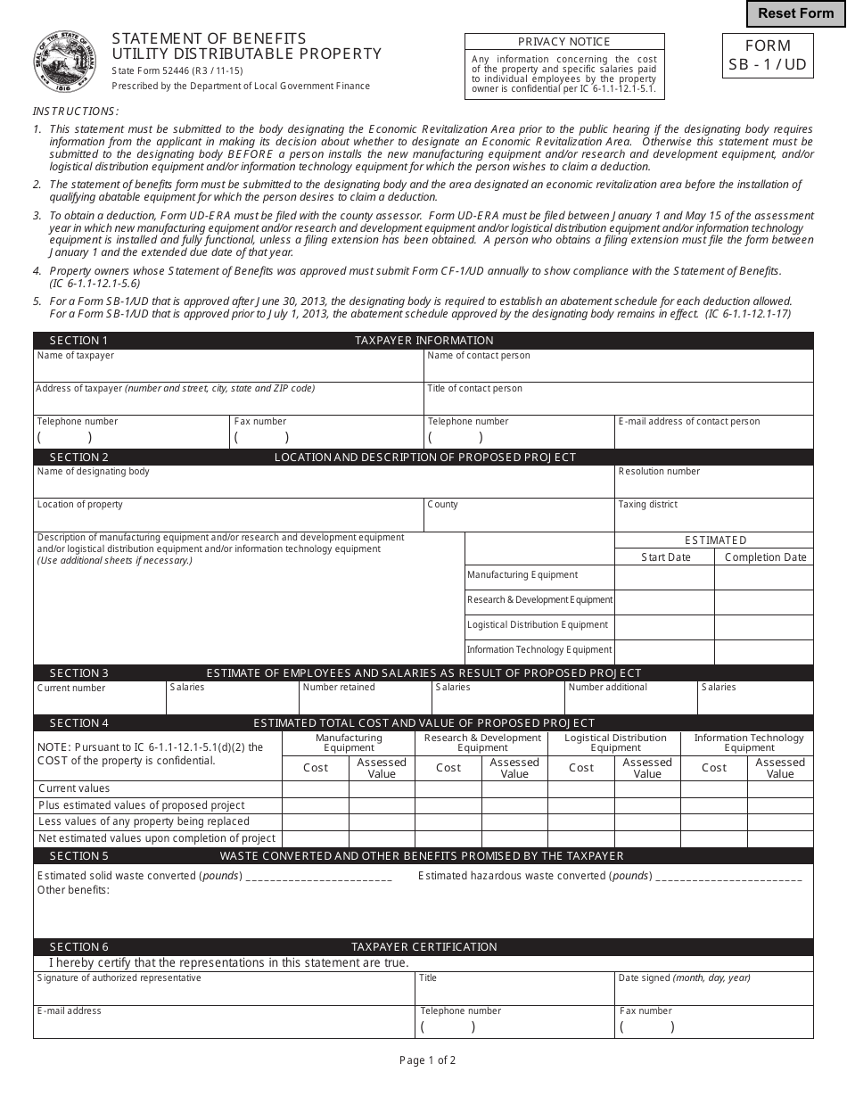 Form SB-1 / UD (State Form 52446) Statement of Benefits - Utility Distributable Property - Indiana, Page 1