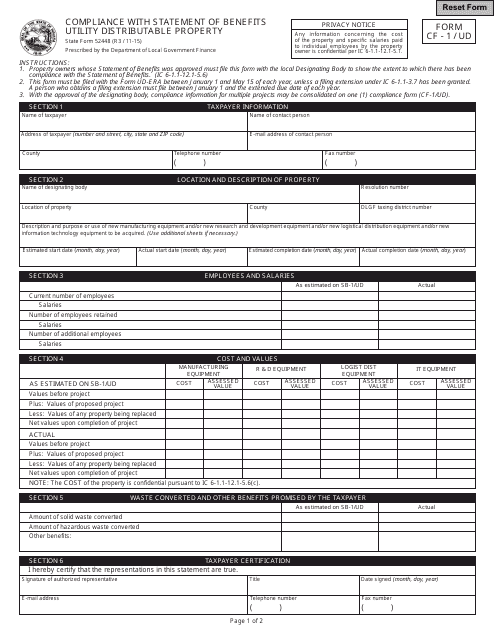 Form CF-1/UD (State Form 52448)  Printable Pdf