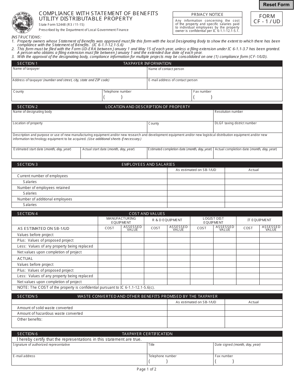 Form CF-1 / UD (State Form 52448) Compliance With Statement of Benefits - Utility Distributable Property - Indiana, Page 1