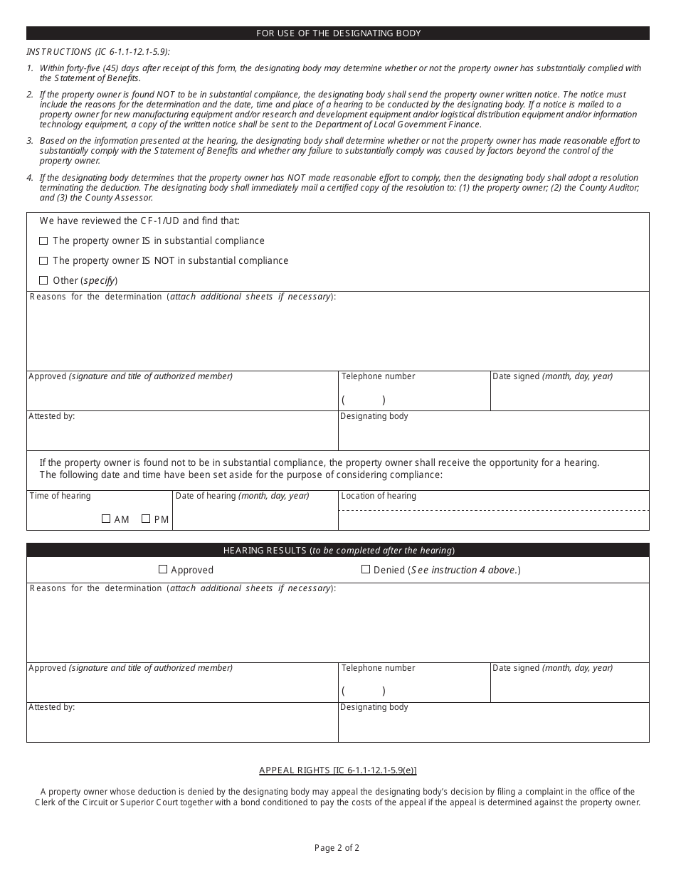 Form CF-1 / UD (State Form 52448) Compliance With Statement of Benefits - Utility Distributable Property - Indiana, Page 2