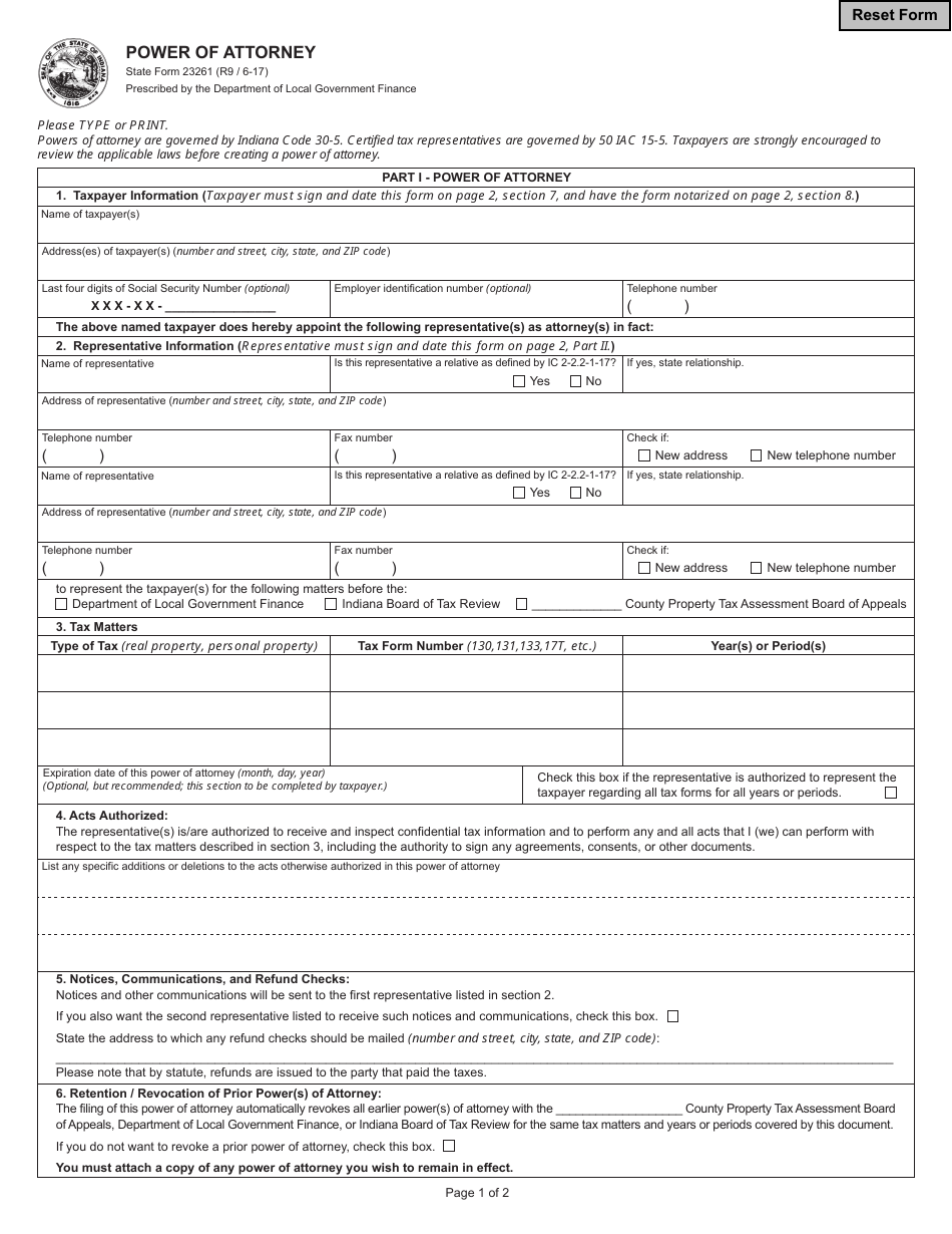 State Form 23261 Power of Attorney - Indiana, Page 1