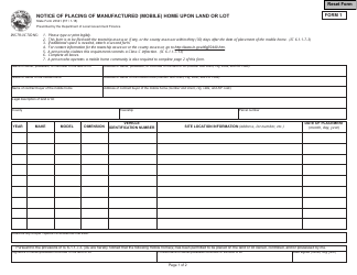 Form 1 (State Form 23341) &quot;Notice of Placing of Mobile Home Upon Land or Lot&quot; - Indiana