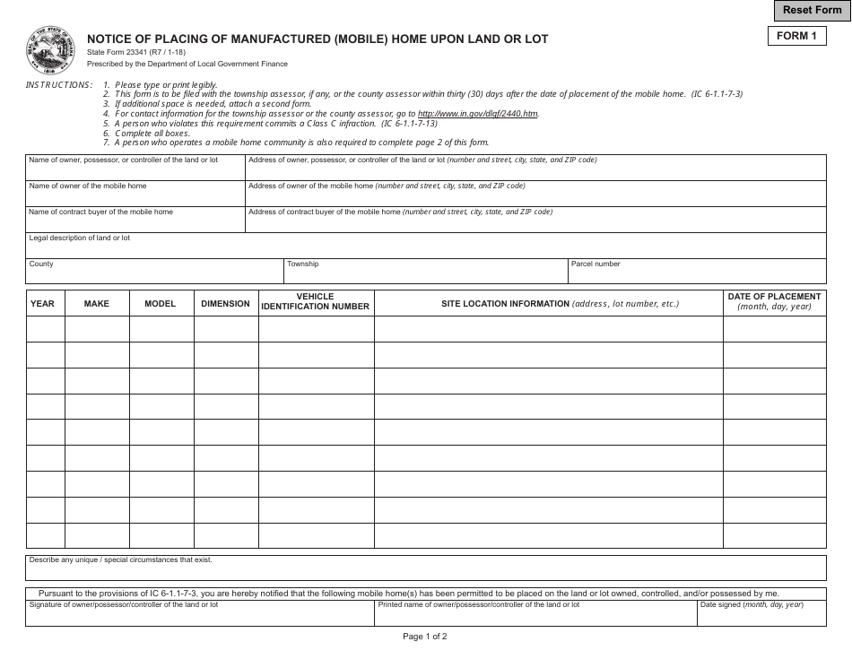 Form 1 (State Form 23341) Notice of Placing of Mobile Home Upon Land or Lot - Indiana, Page 1