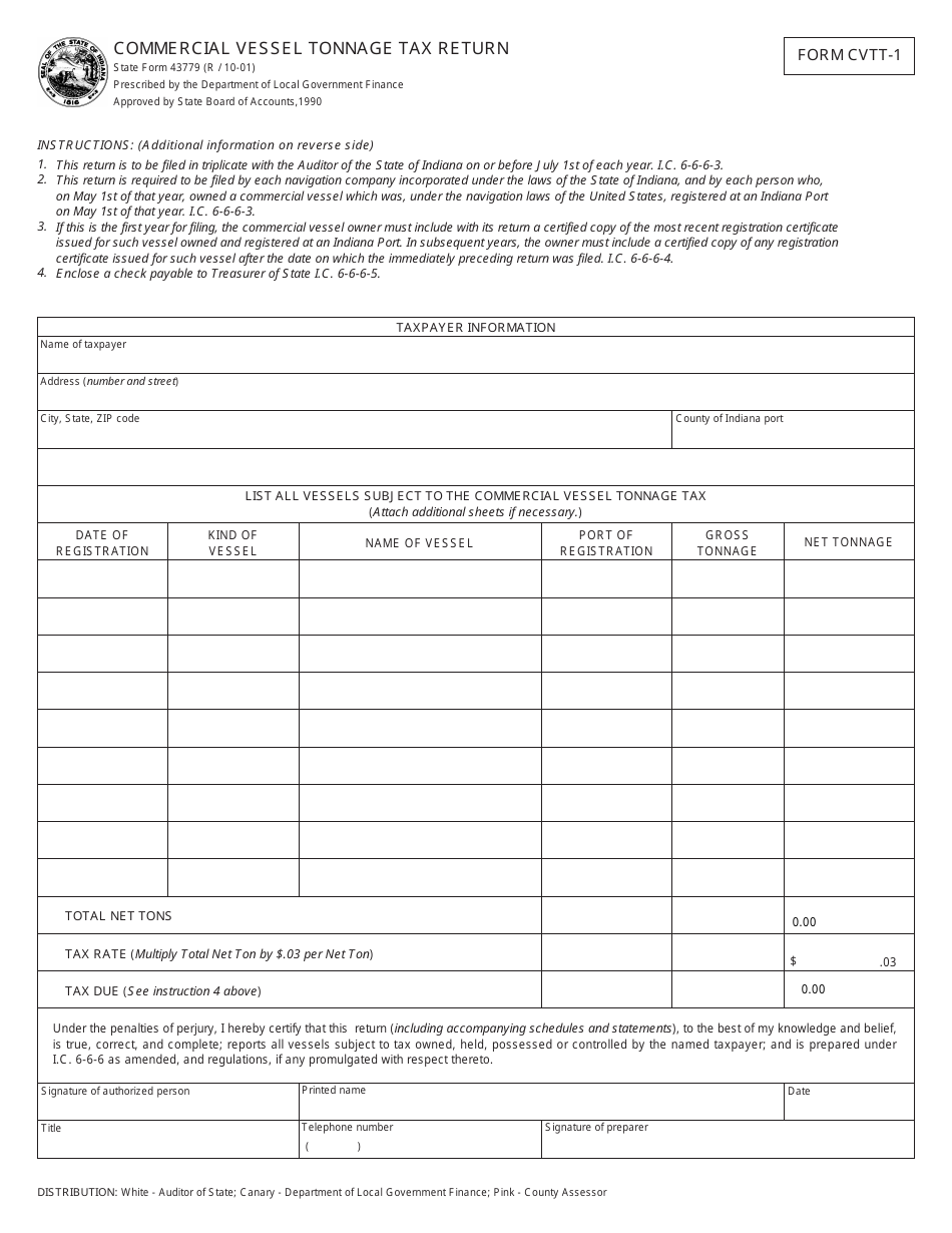 State Form 43779 (CVTT-1) Commercial Vessel Tonnage Tax Return - Indiana, Page 1