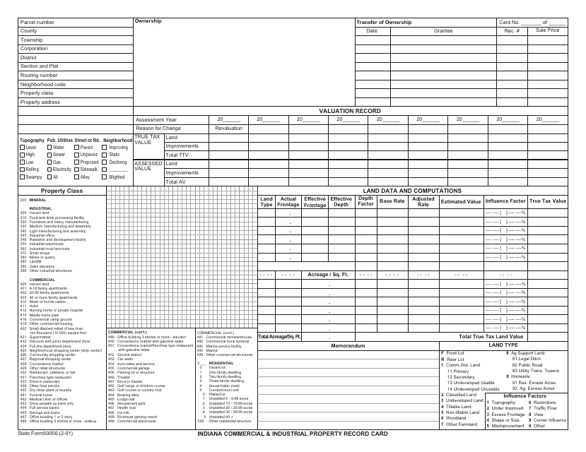 State Form 50056 Indiana Commercial and Industrial Property Record Card - Indiana