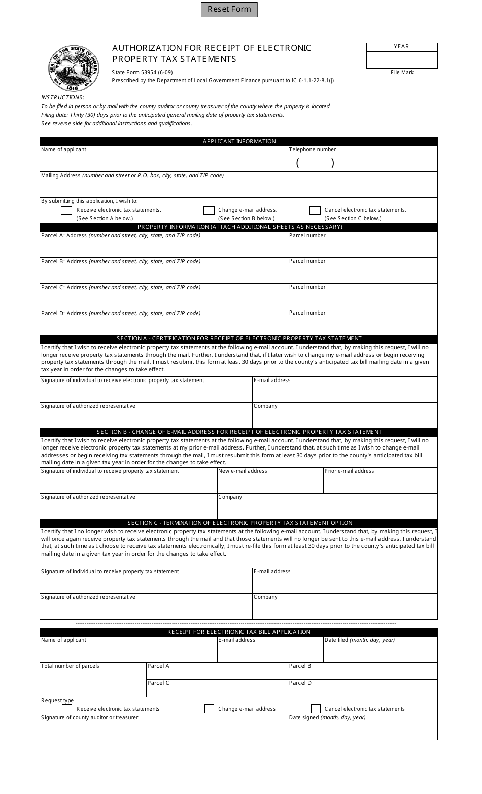 State Form 53954 Authorization for Receipt of Electronic Property Tax Statements - Indiana, Page 1