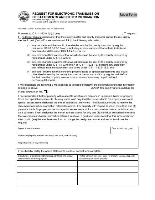 State Form 55042 Request for Electronic Transmission of Statements and Other Information - Indiana
