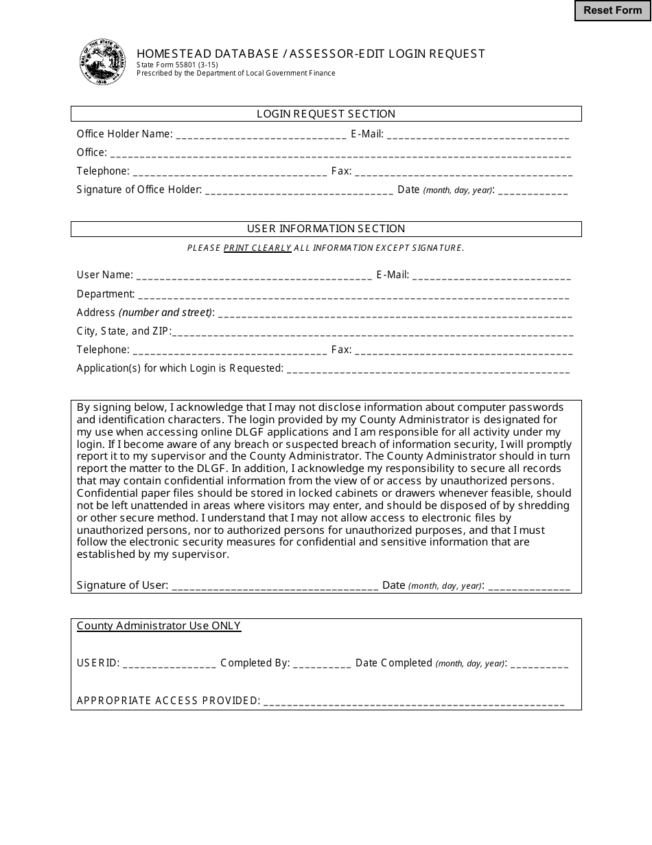 State Form 55801 Homestead Database / Assessor-Edit Login Request - Indiana, Page 1