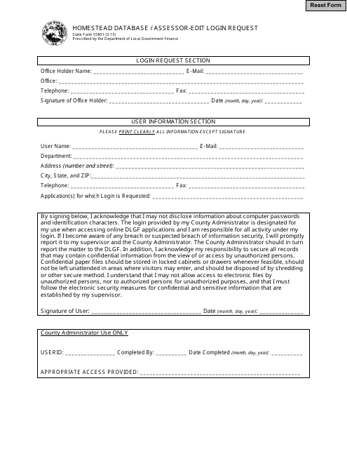 State Form 55801 Homestead Database / Assessor-Edit Login Request - Indiana
