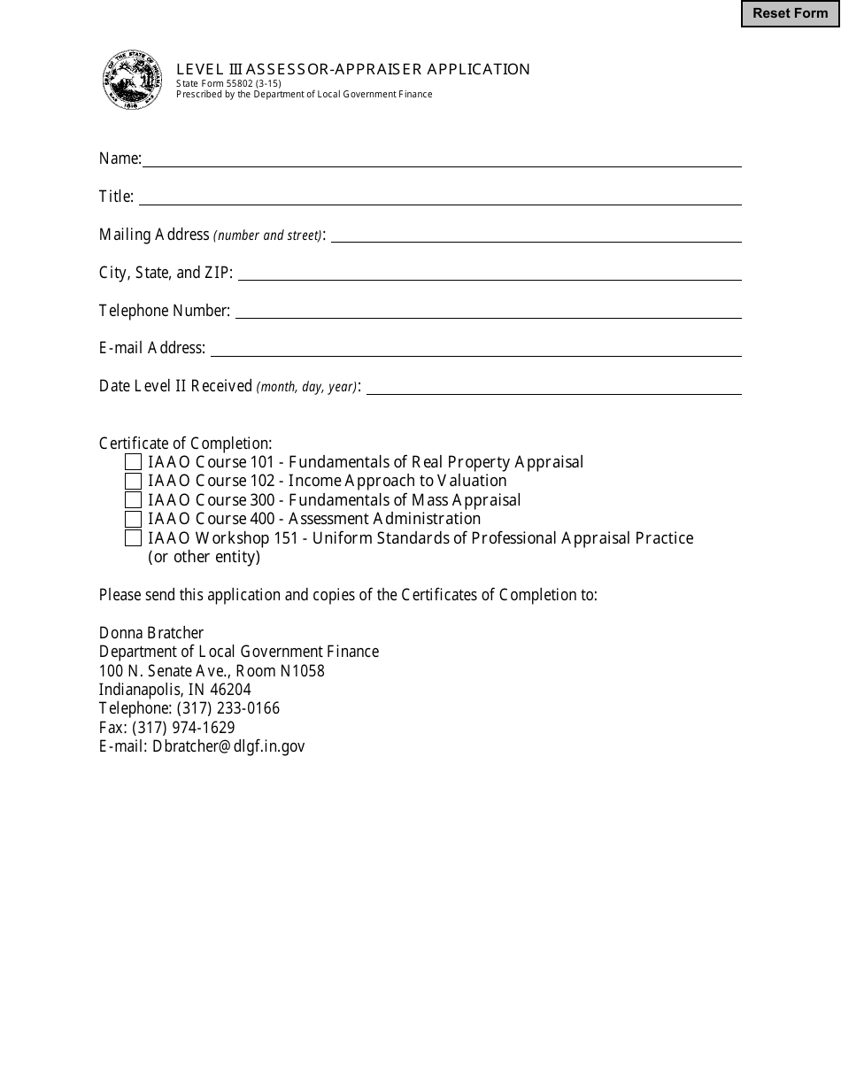 State Form 55802 Level Iii Assessor-Appraiser Application - Indiana, Page 1