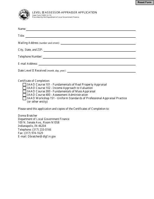 State Form 55802 Level Iii Assessor-Appraiser Application - Indiana