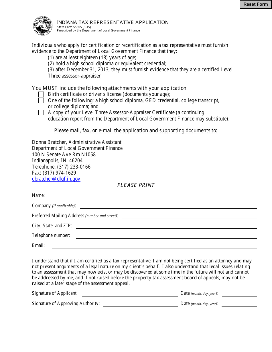 State Form 55805 Indiana Tax Representative Application - Indiana, Page 1