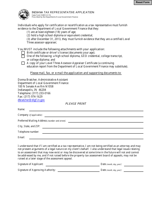 State Form 55805 Indiana Tax Representative Application - Indiana