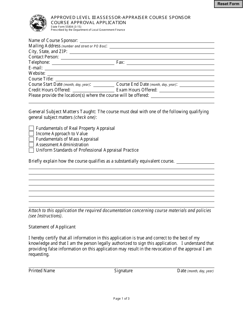 State Form 55804 Approved Level Iii Assessor-Appraiser Course Sponsor  Course Approval Application - Indiana, Page 1