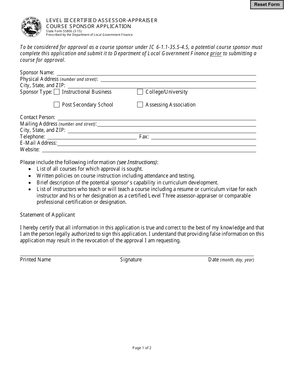 State Form 55806 Level Iii Certified Assessor-Appraiser Course Sponsor Application - Indiana, Page 1