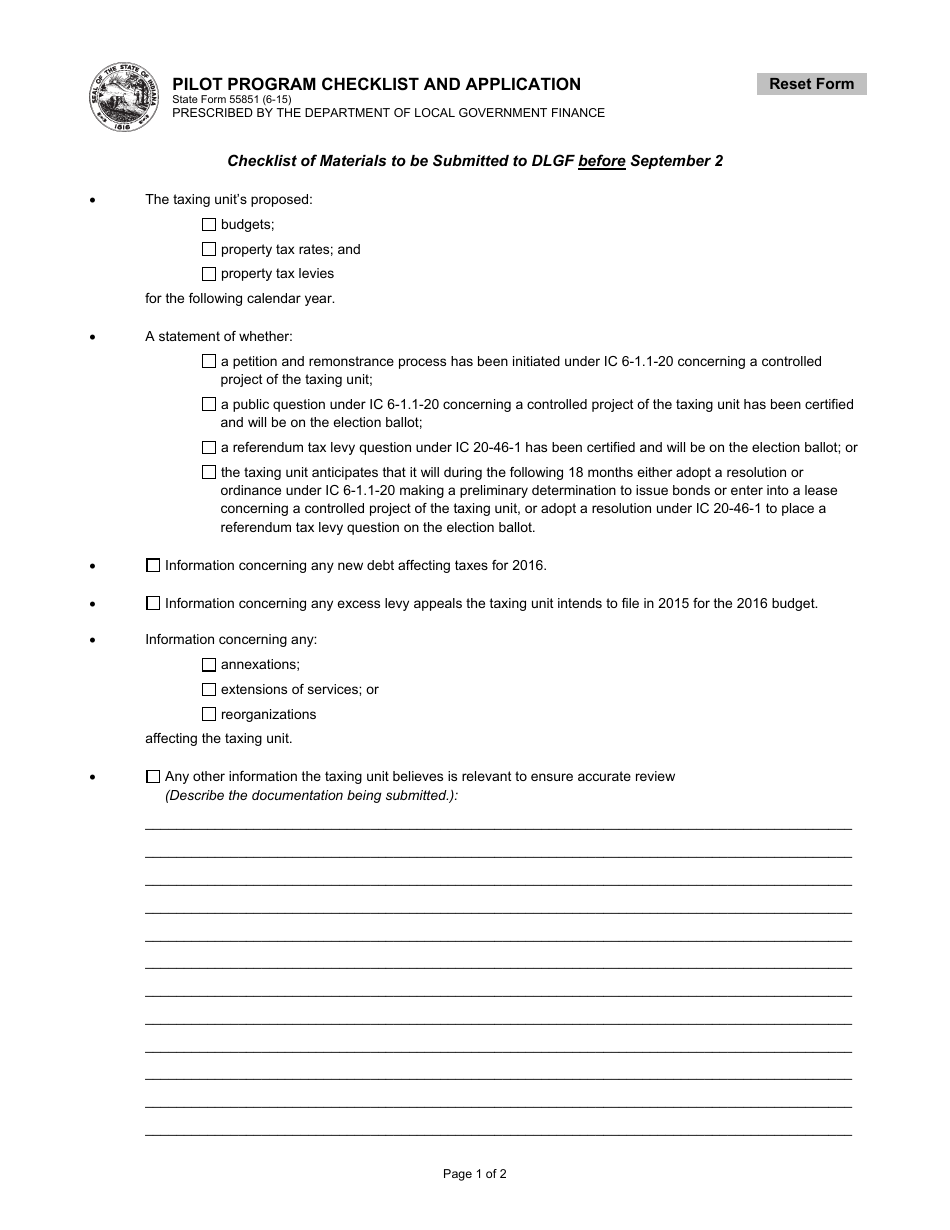 State Form 55851 Pilot Program Checklist and Application - Indiana, Page 1