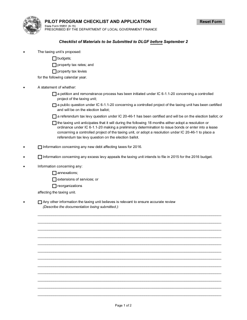 State Form 55851 Pilot Program Checklist and Application - Indiana