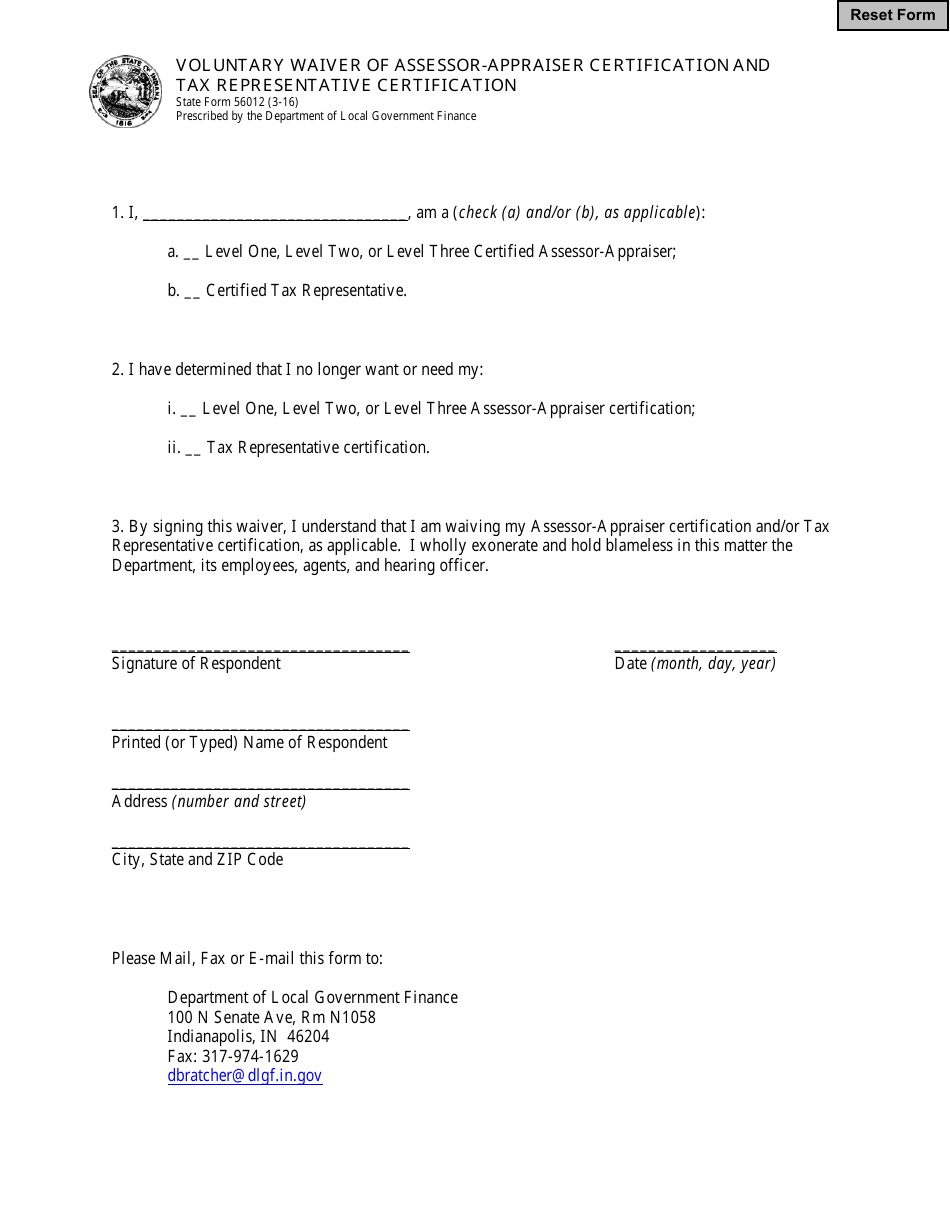 State Form 56012 Voluntary Waiver of Assessor-Appraiser Certification and Tax Representative Certification - Indiana, Page 1